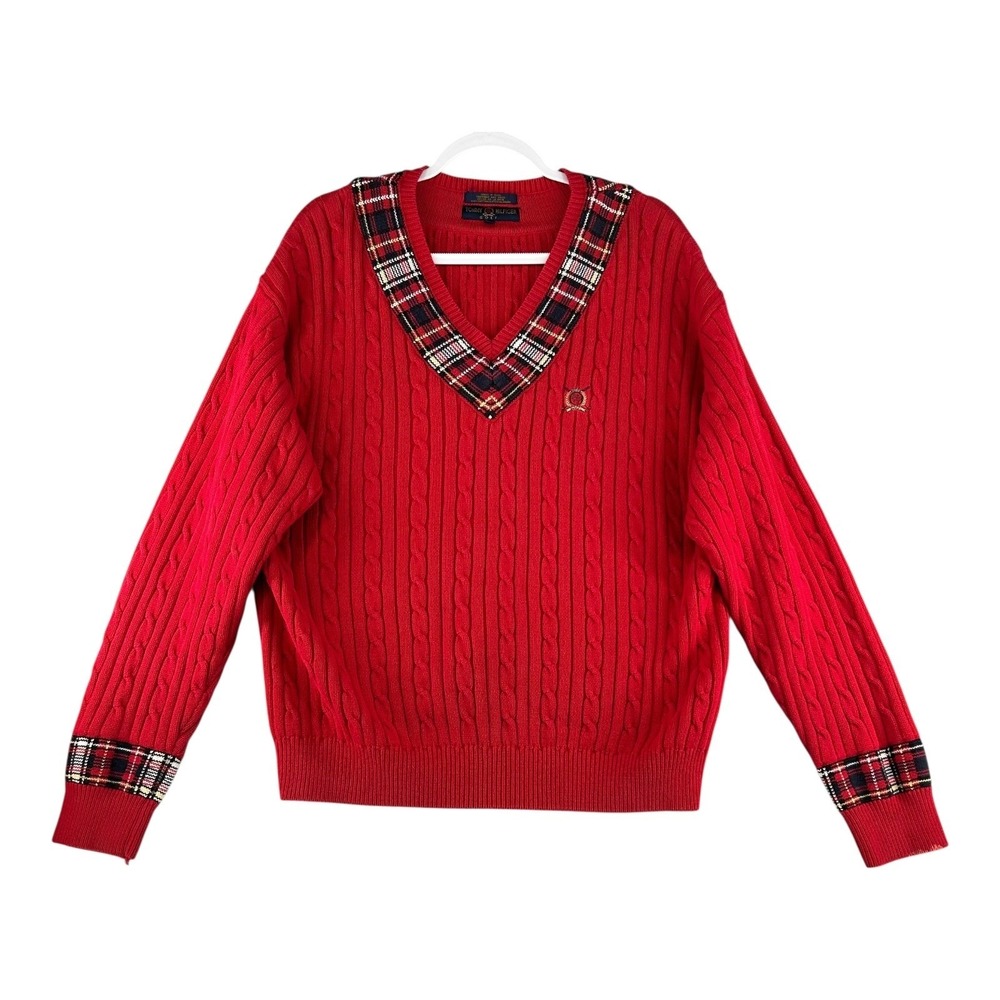 Tommy Hilfiger Golf Chunky Cable Knit V Neck Sweater Y2K Fisherman Mens Large - Picture 2 of 9